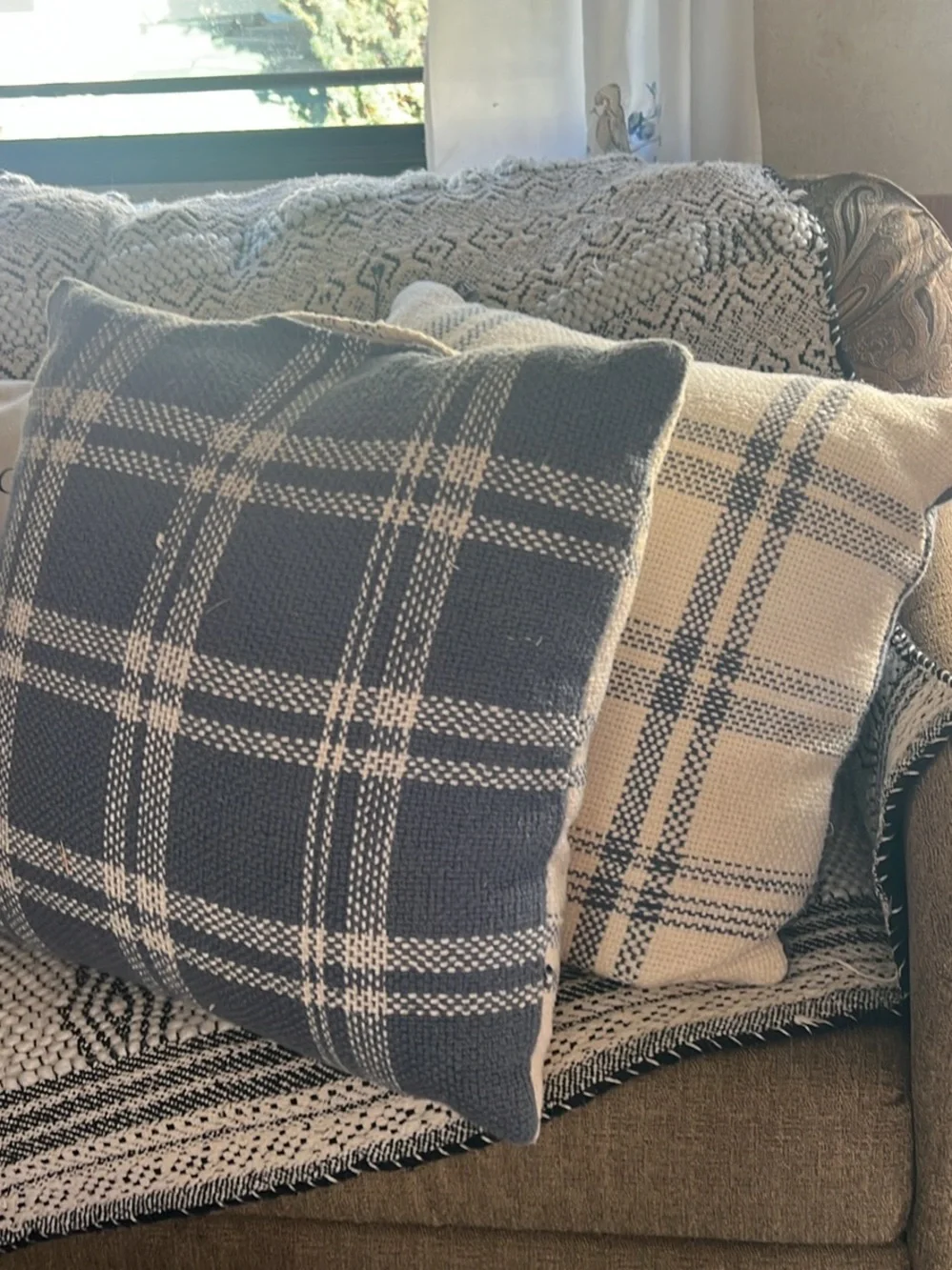 Set of two Cream and Blue Plaid Accent Pillow - Classic Cozy Throw